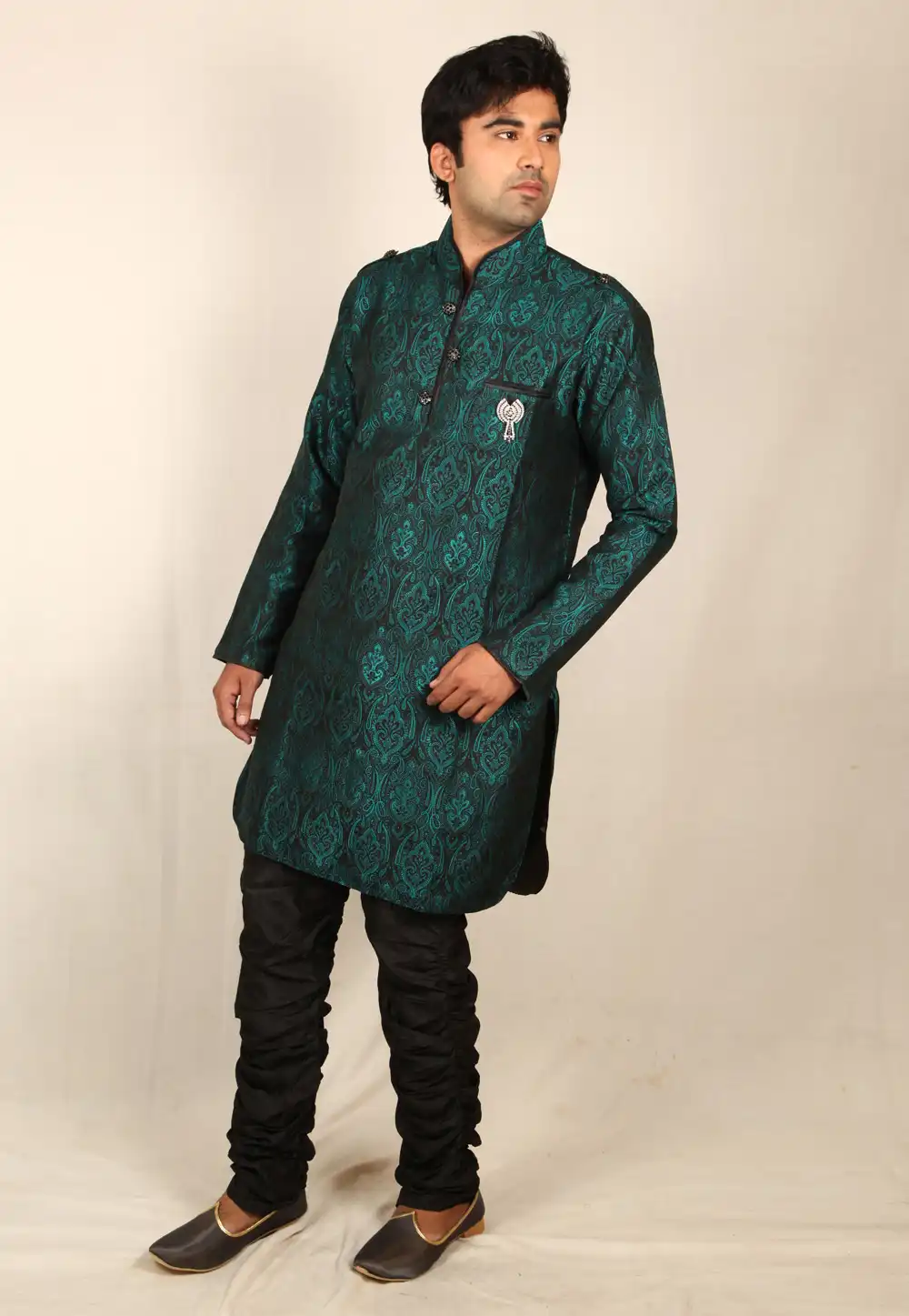 Green Brocade Readymade Kurta Pajama 203636