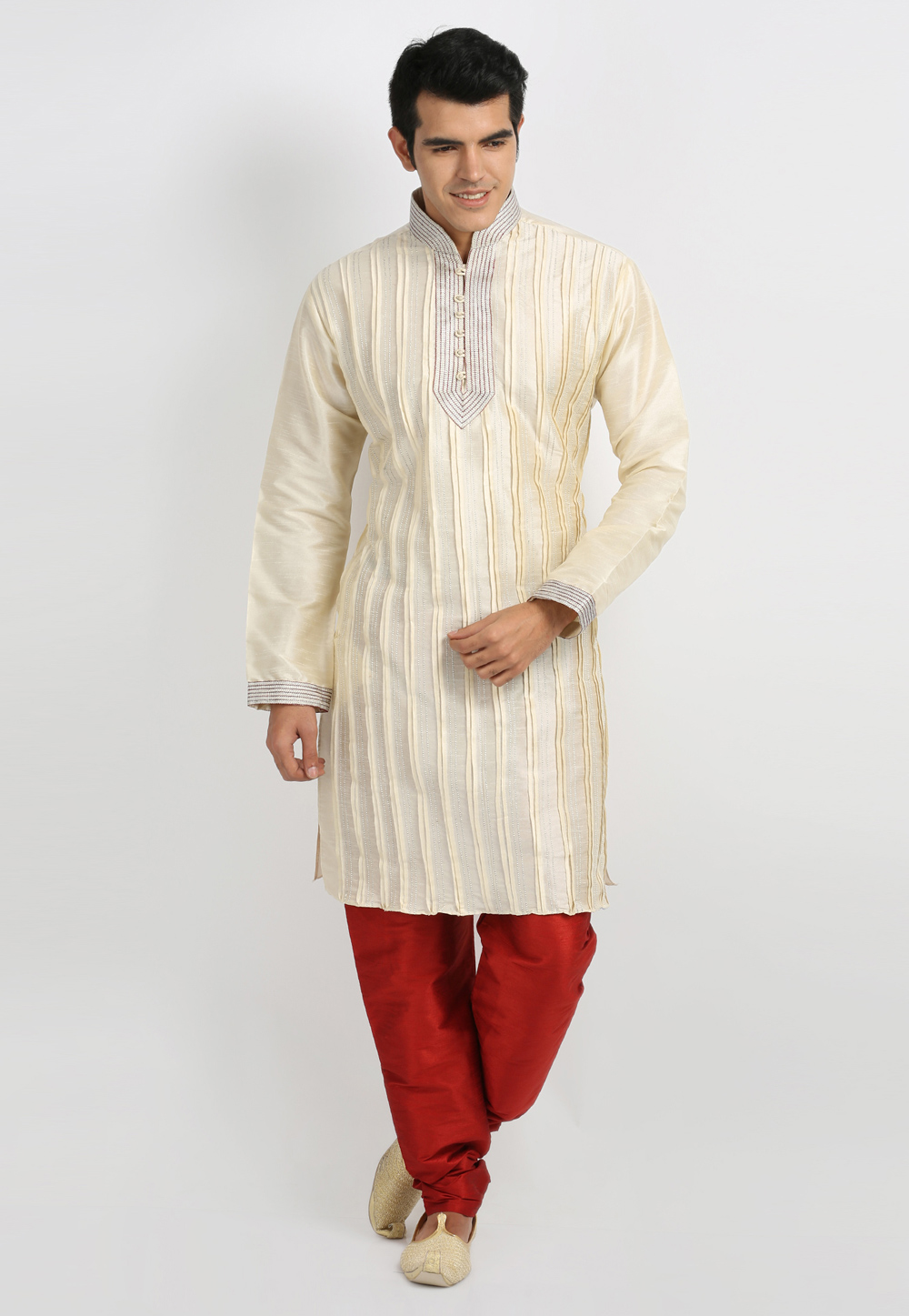 Cream Art Silk Readymade Kurta Pajama 203638