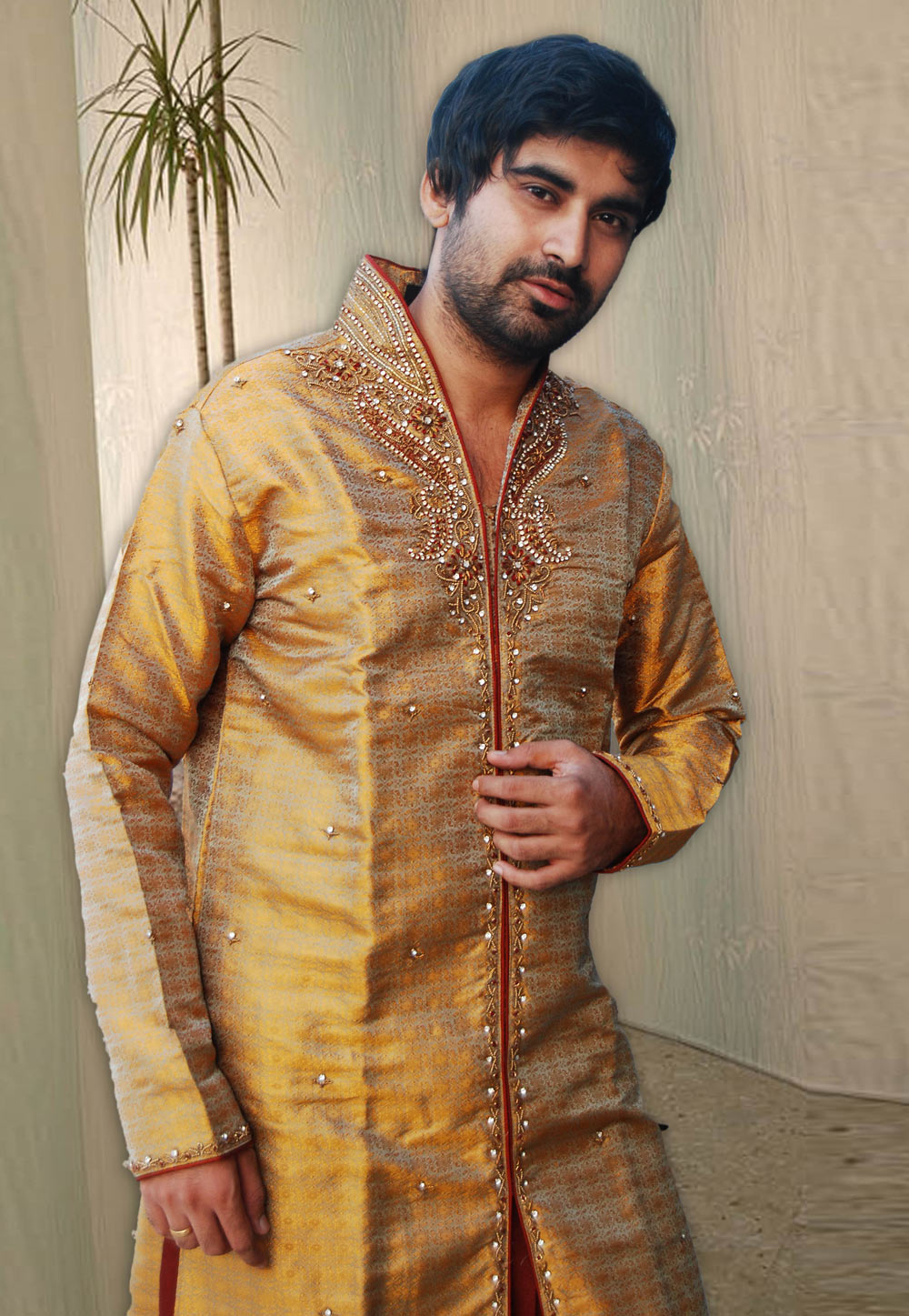 Yellow Brocade Readymade Kurta Pajama 203645