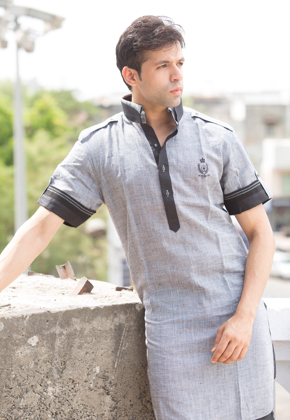 Grey Linen Readymade Pathani Suit 203540