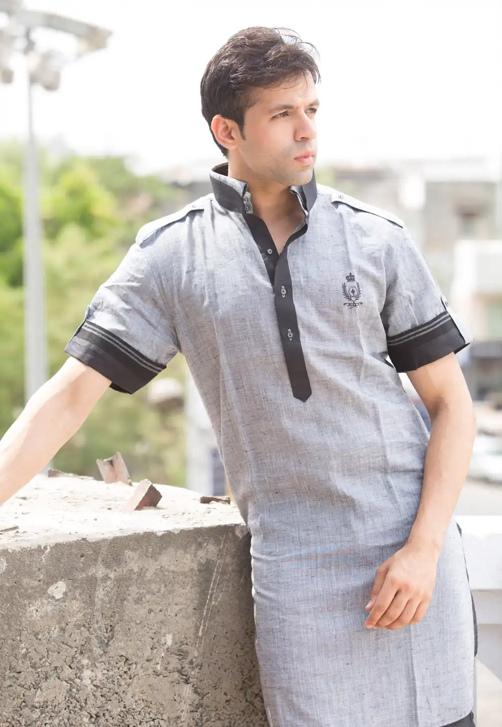 Grey Linen Readymade Pathani Suit 203540