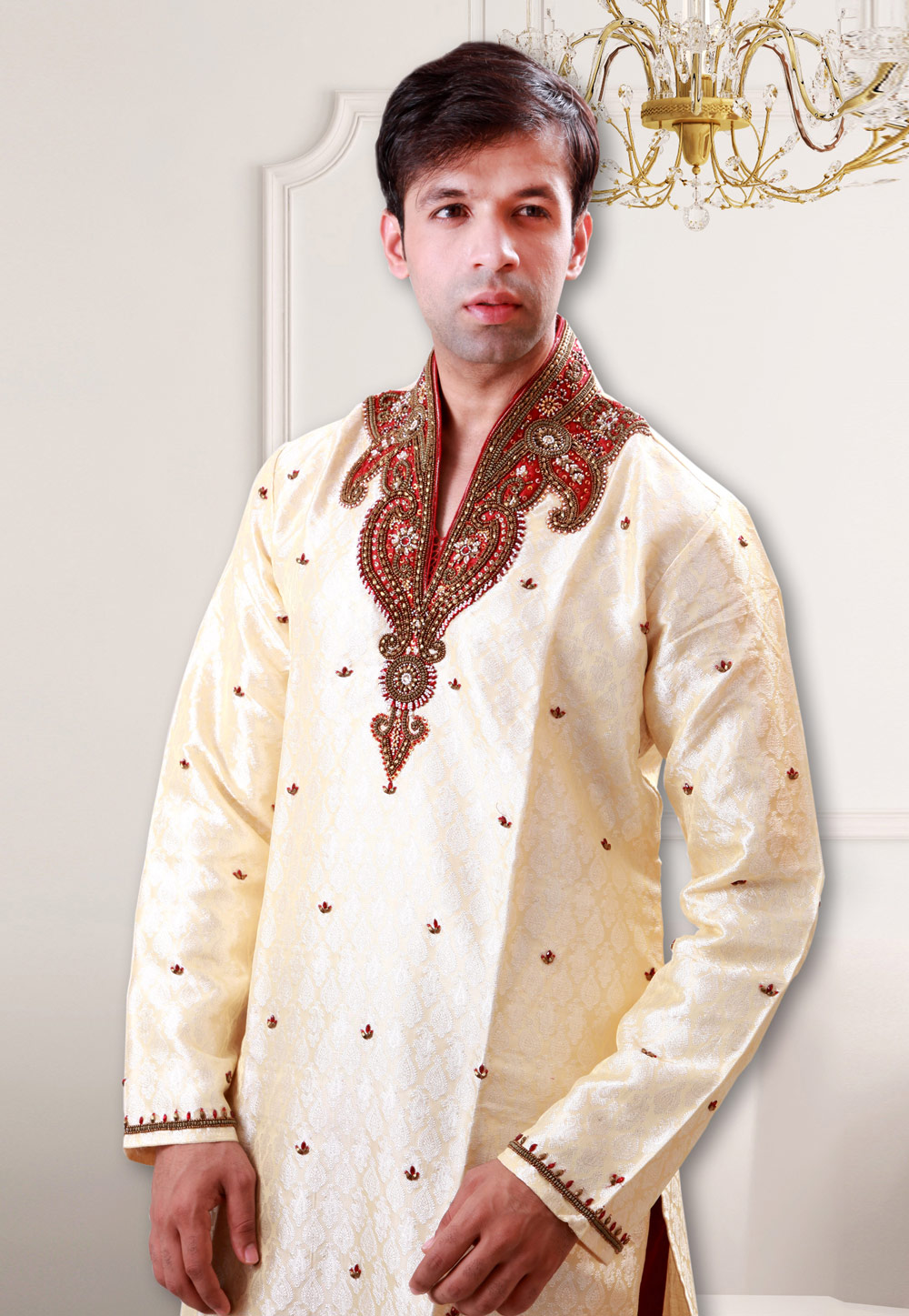 Cream Brocade Readymade Kurta Pajama 203648