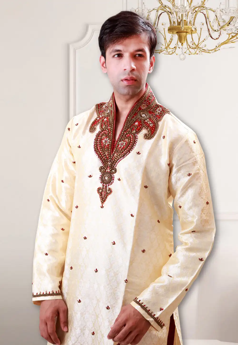 Cream Brocade Readymade Kurta Pajama 203648