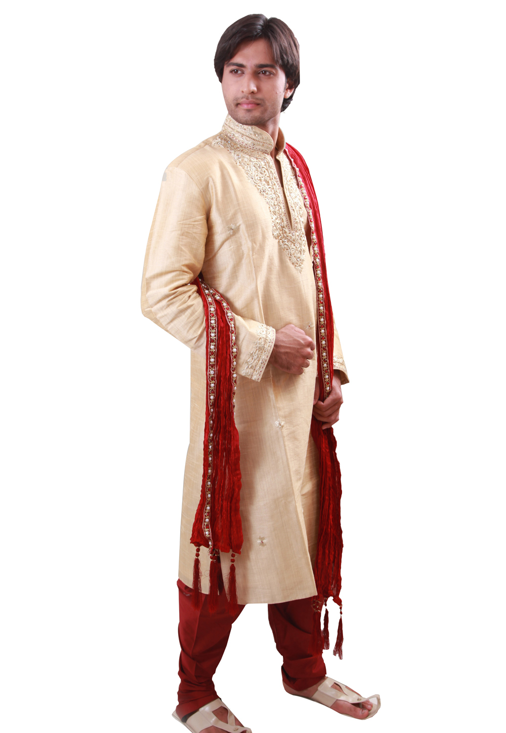 Cream Art Silk Readymade Kurta Pajama 203654