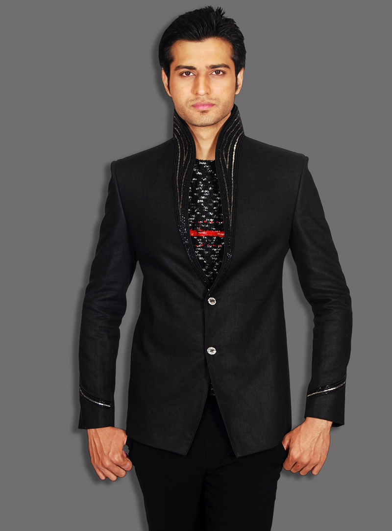 Black Linen Readymade Blazer 124525