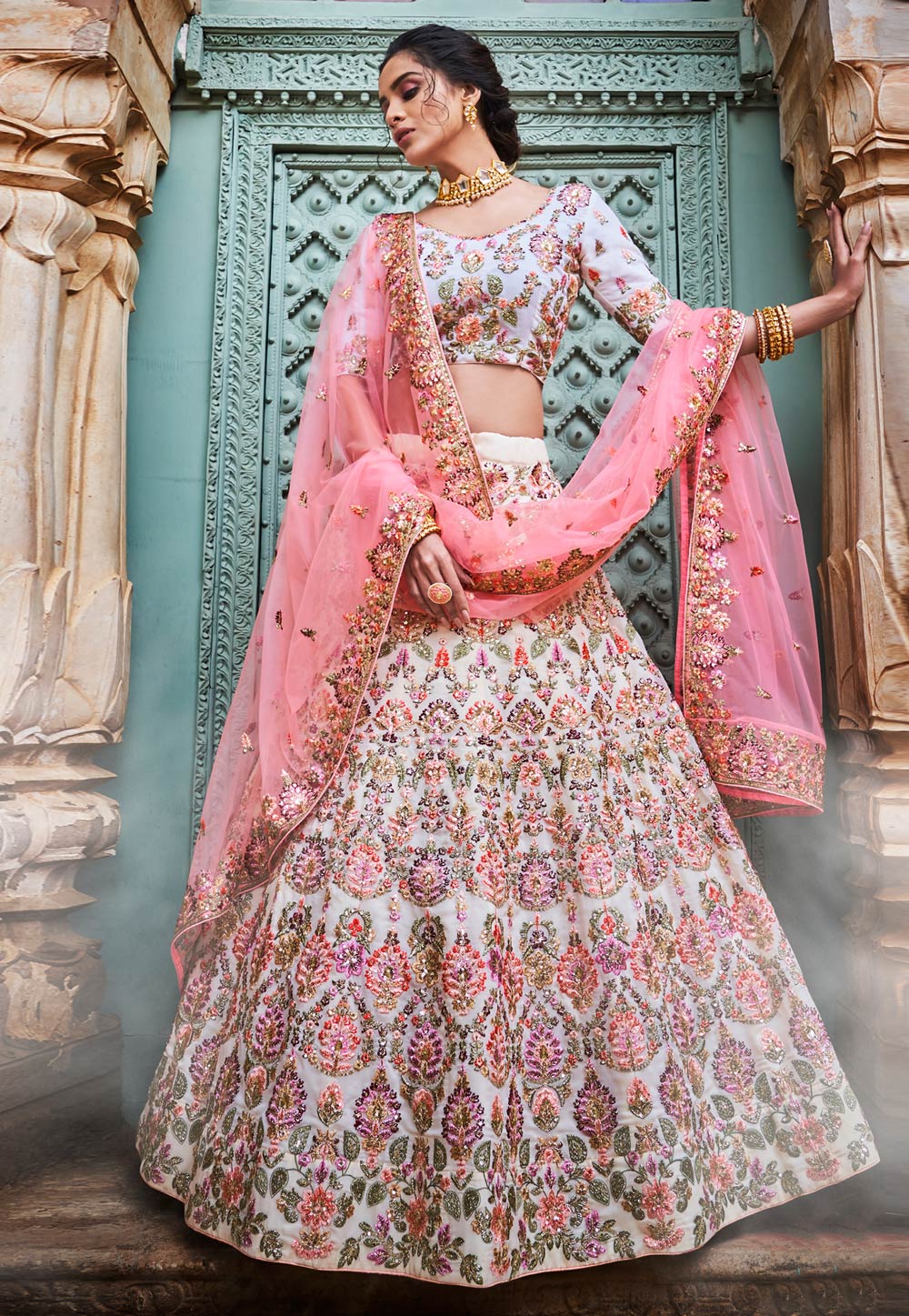 Off White Bridal Lehenga Choli in Georgette
