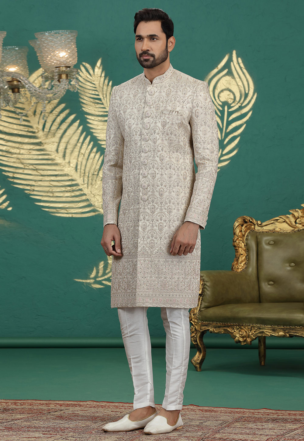 Beige Art Silk Achkan Style Sherwani 319007