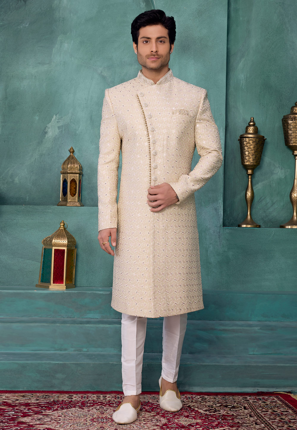 Beige Art Silk Achkan Style Sherwani 327049
