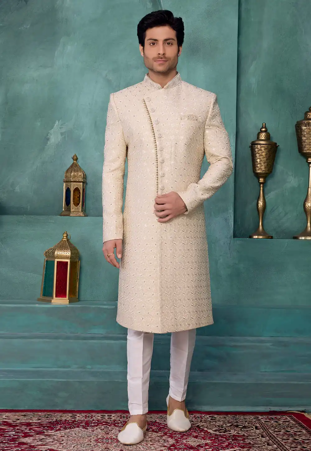 Beige Art Silk Achkan Style Sherwani 327049