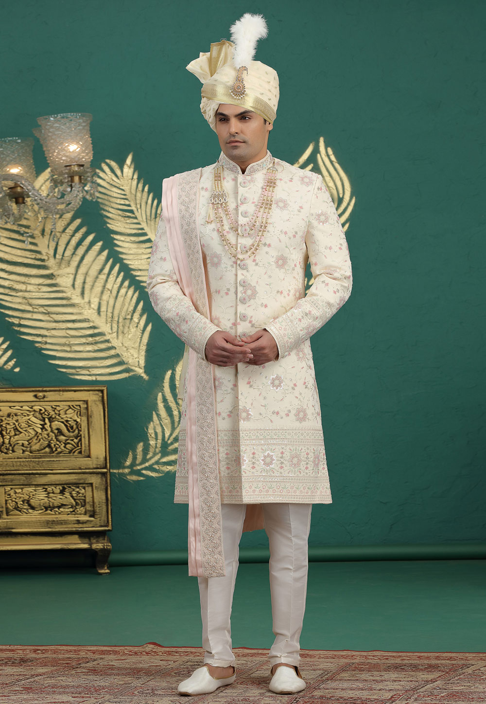 Beige Art Silk Achkan Style Sherwani With Dupatta 319003