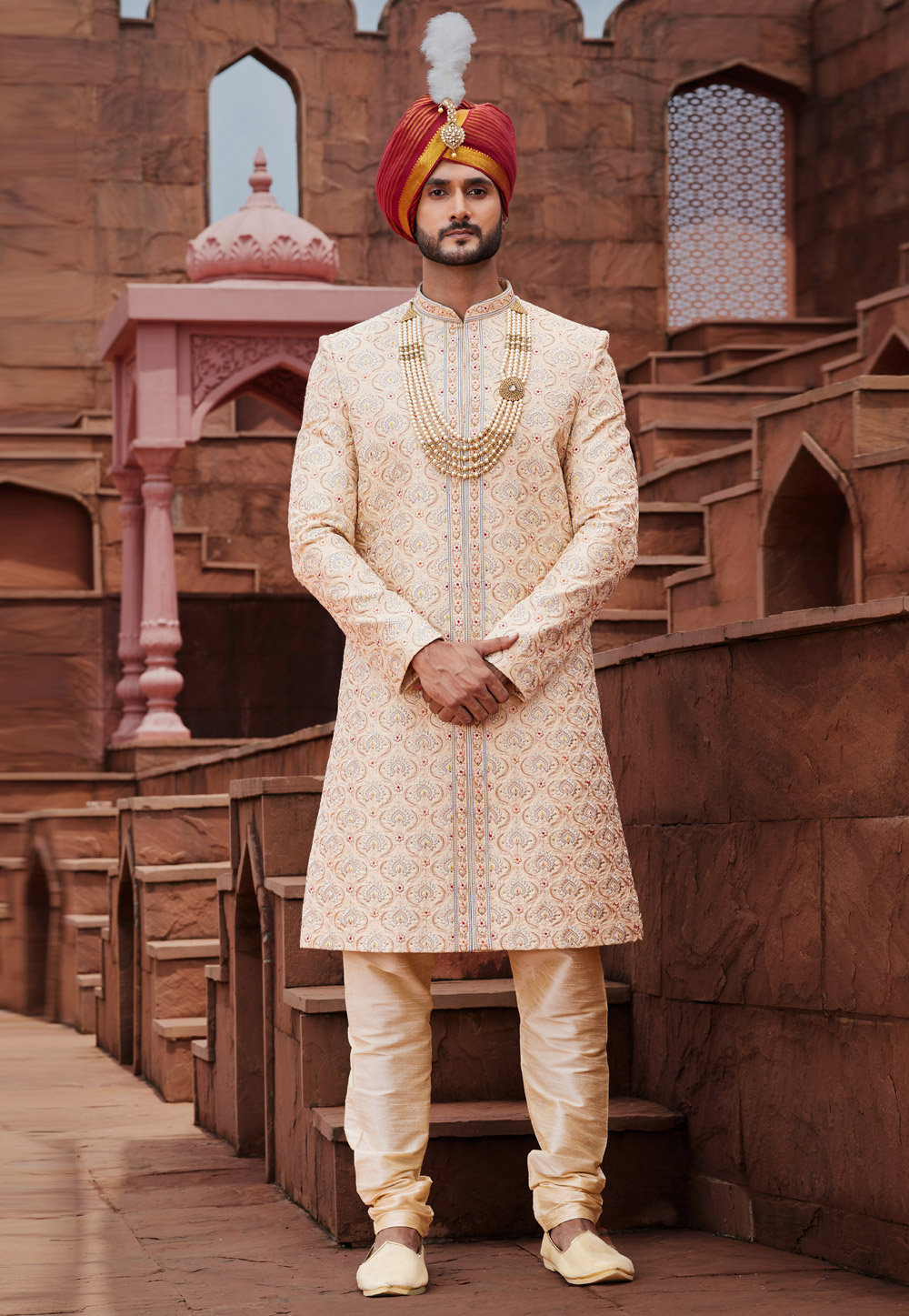 Beige Art Silk Achkan Style Sherwani With Stole 280133