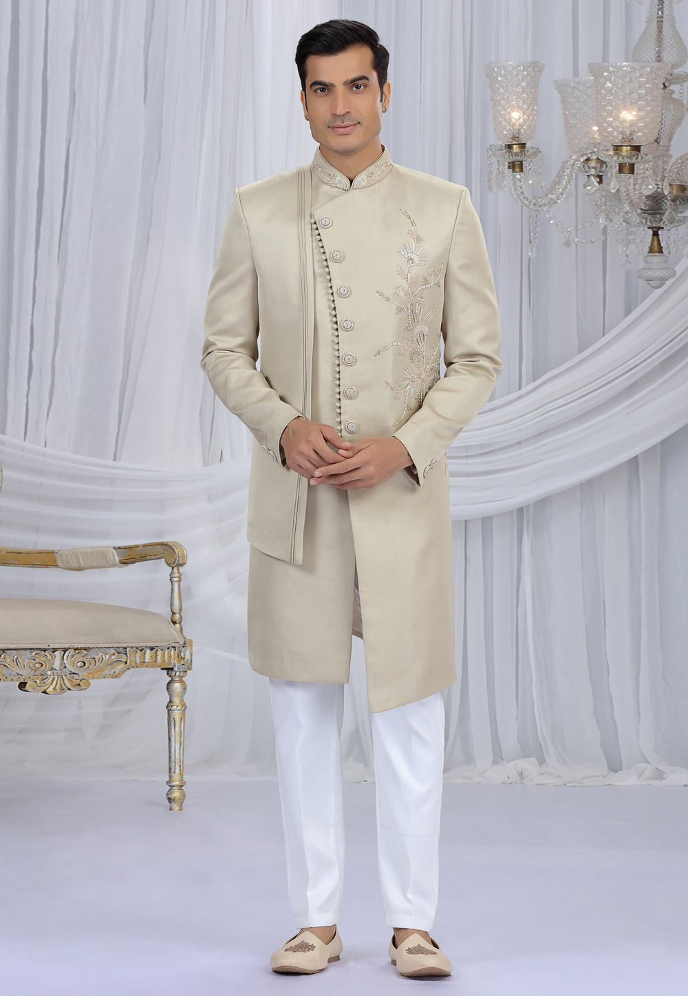 Beige Art Silk Indo Western Sherwani 319054