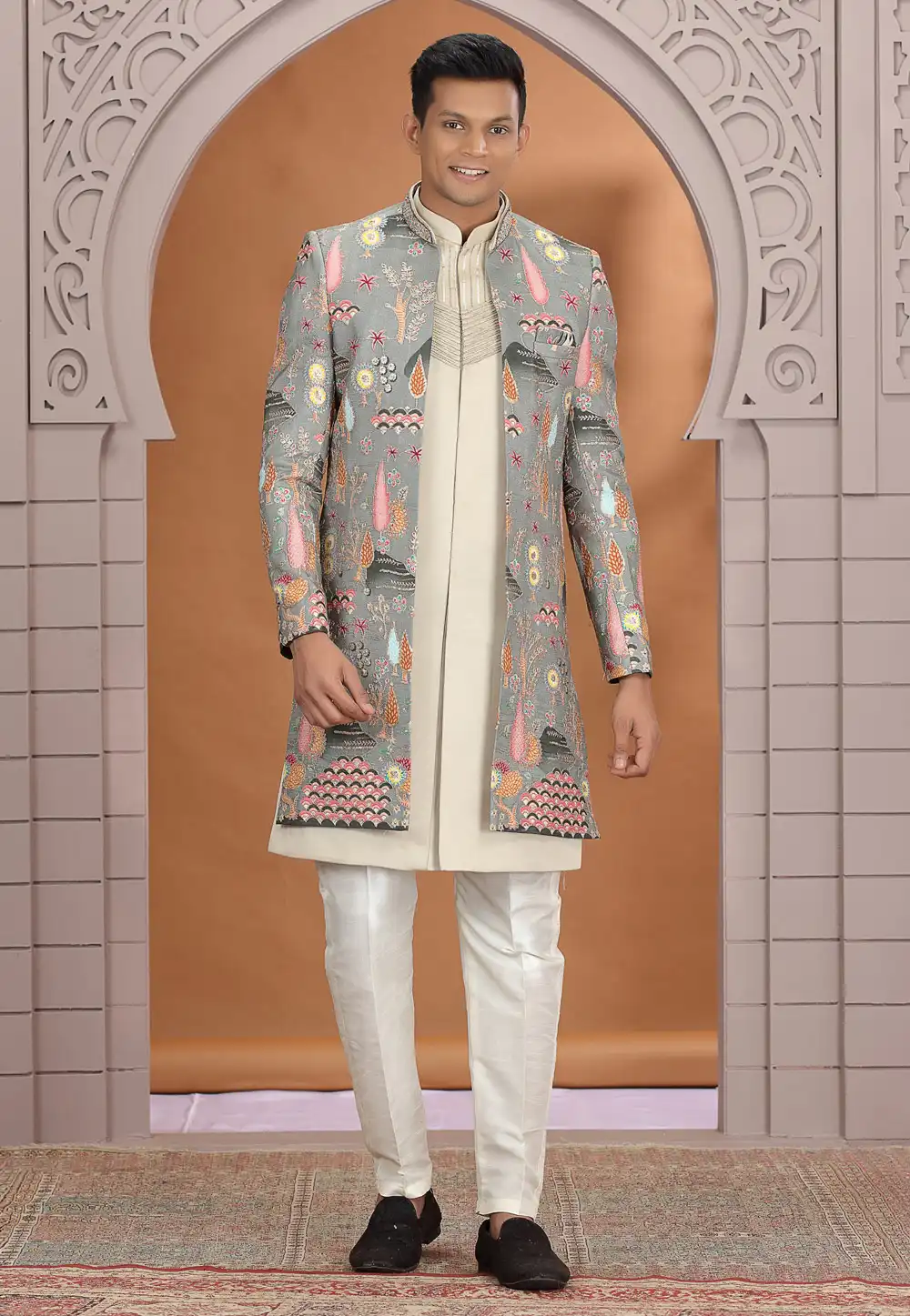 Beige Art Silk Indo Western Suit 319026