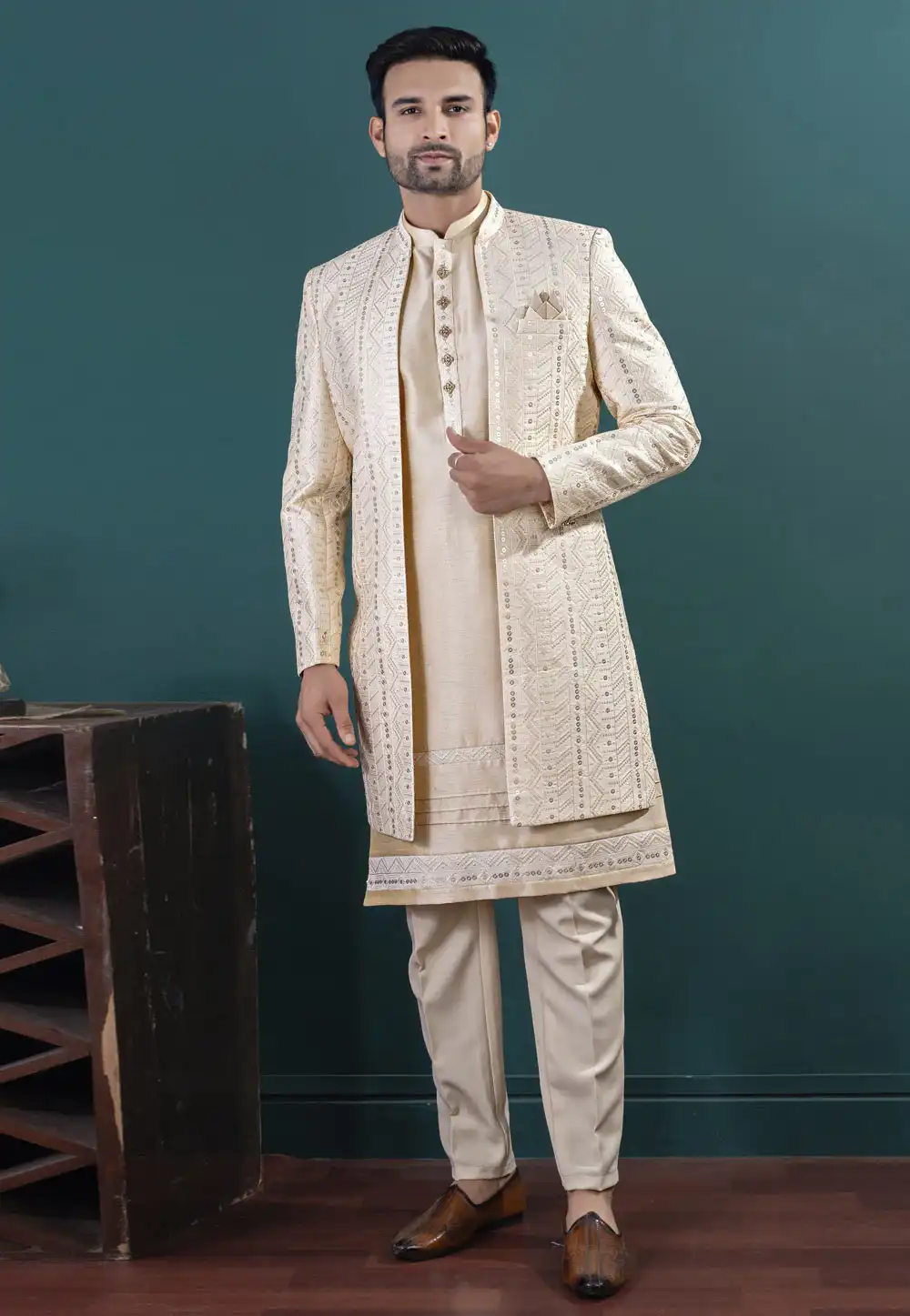 Beige Art Silk Indo Western Suit 317824