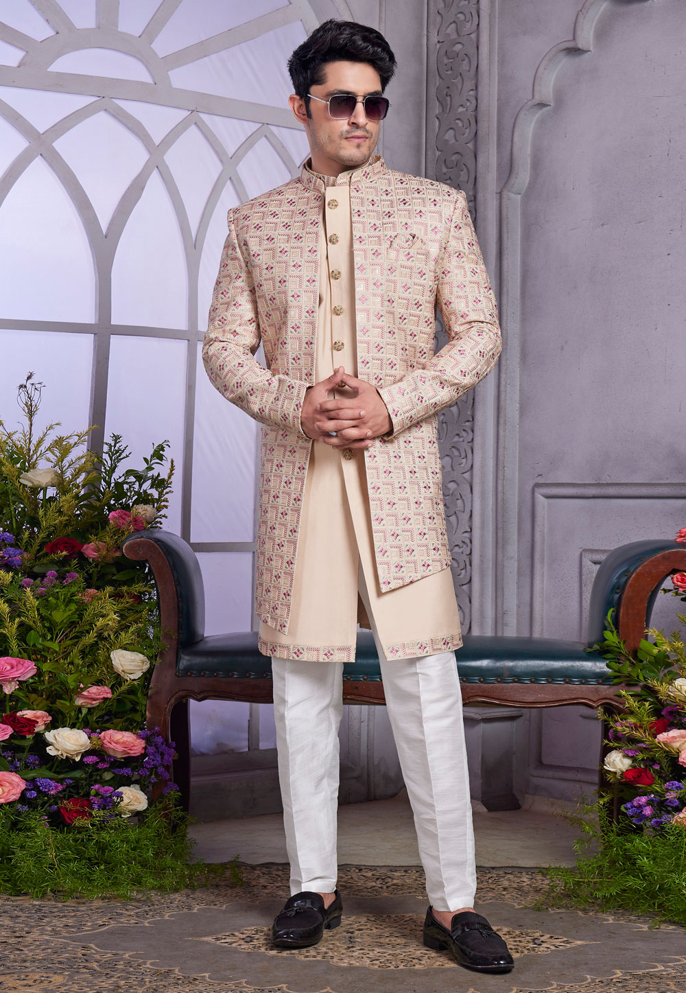 Beige Art Silk Jacket Style Sherwani 308590