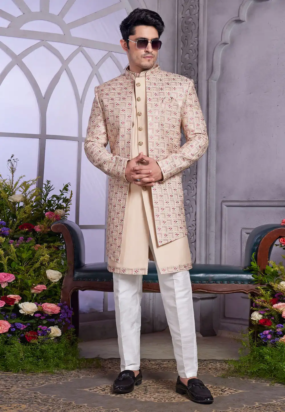 Beige Art Silk Jacket Style Sherwani 308590