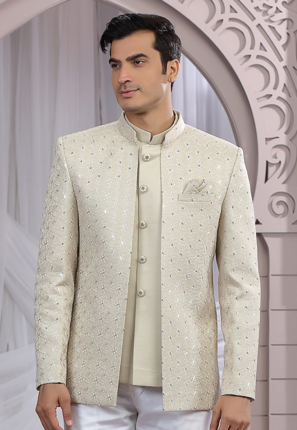 Beige Art Silk Jodhpuri Suit 319135
