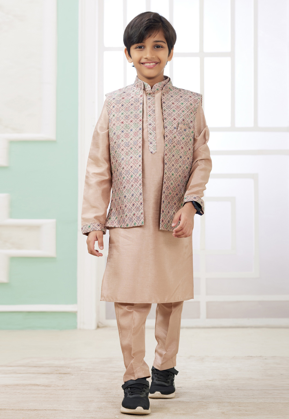 Beige Art Silk Kids Kurta Pajama With Jacket 308579