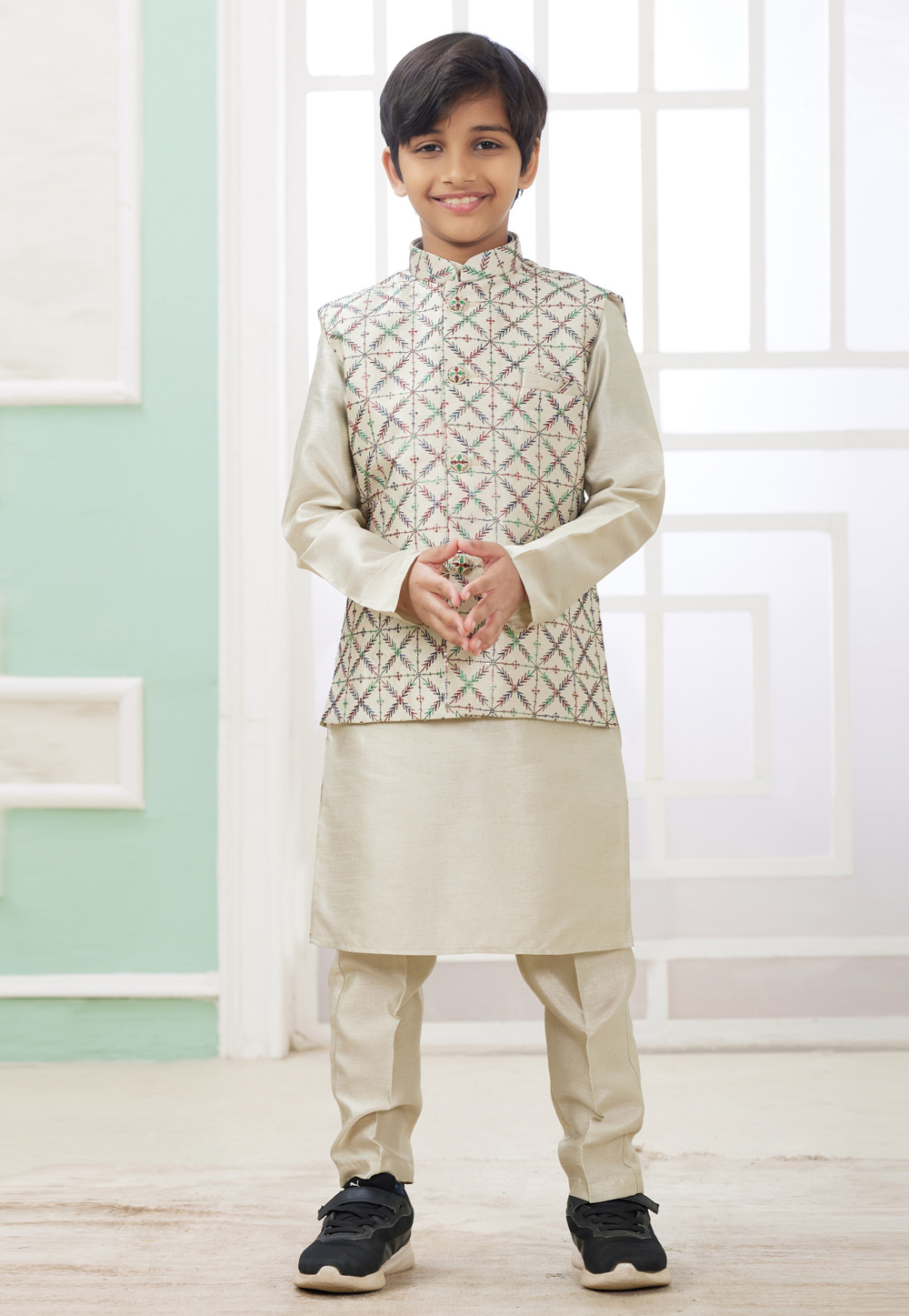Beige Art Silk Kids Kurta Pajama With Jacket 308583