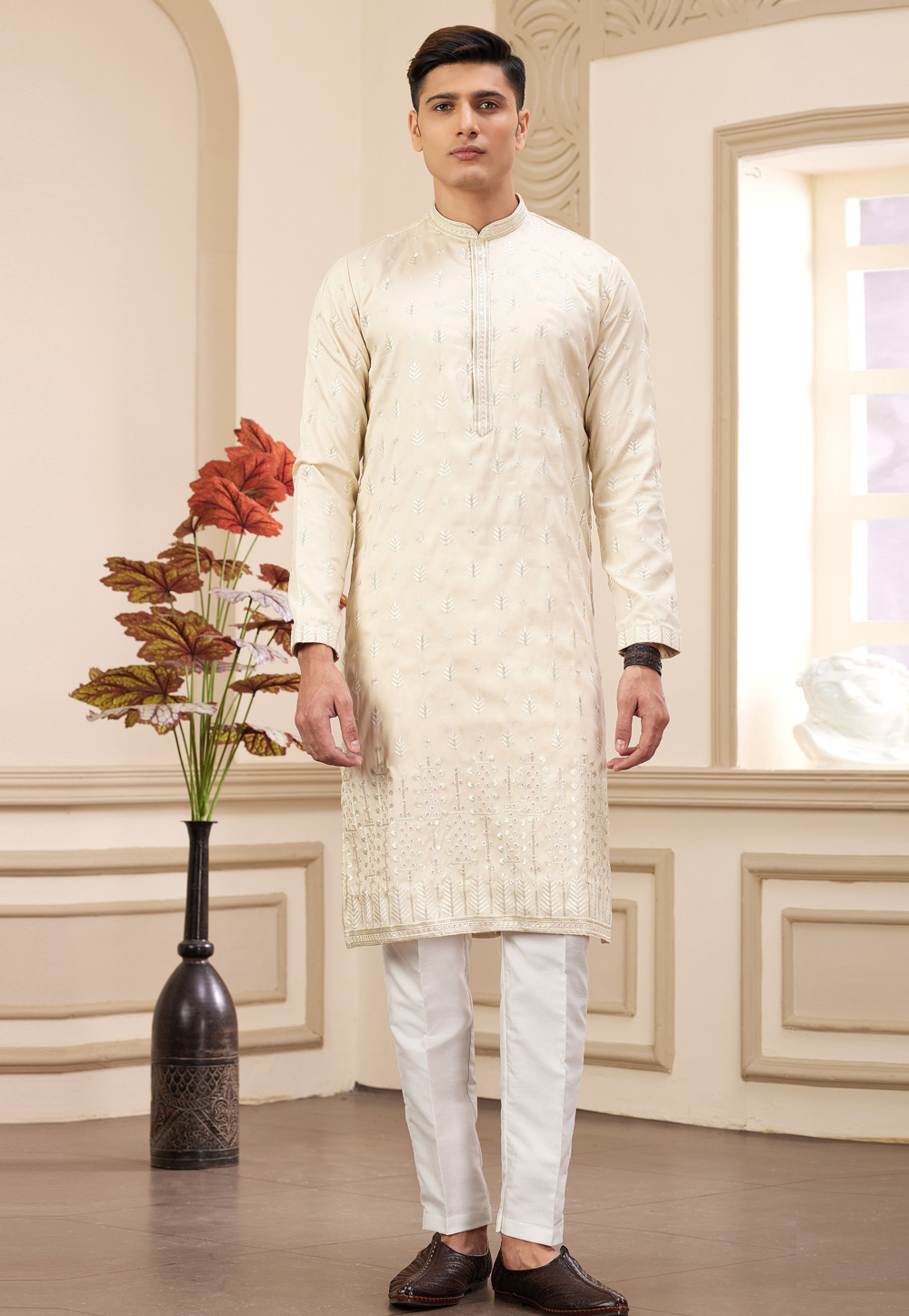 Beige Art Silk Kurta Pajama 308565