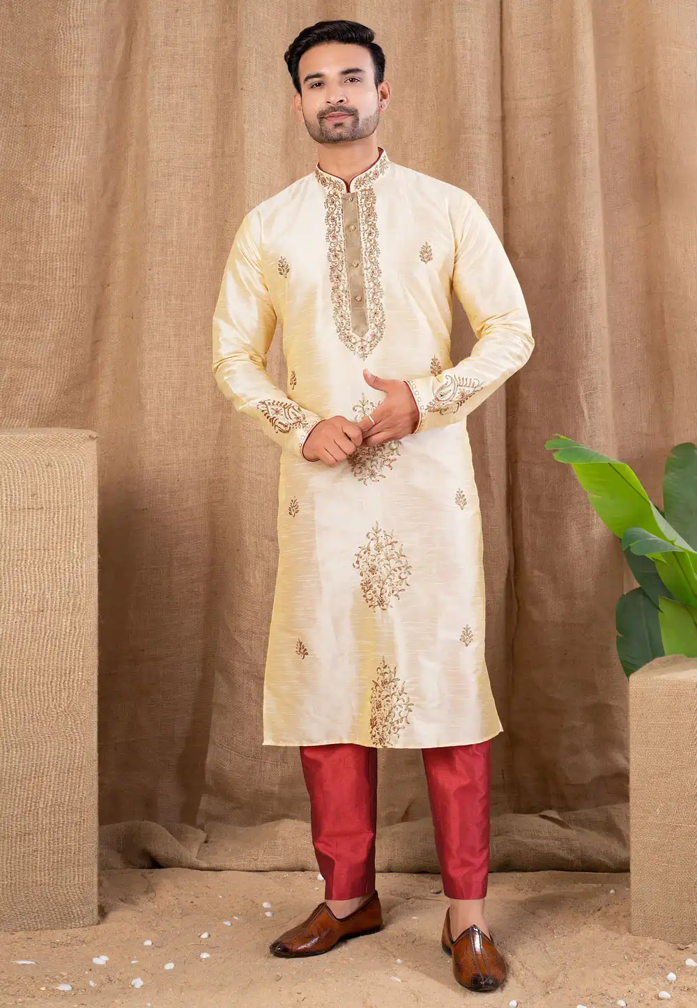 Beige Art Silk Kurta Pajama 316437