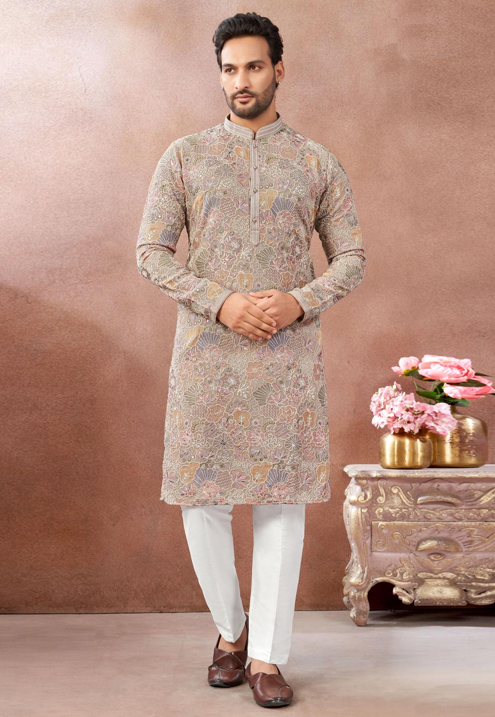 Beige Art Silk Kurta Pajama 322474