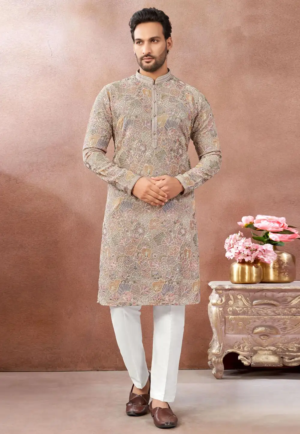 Beige Art Silk Kurta Pajama 322474