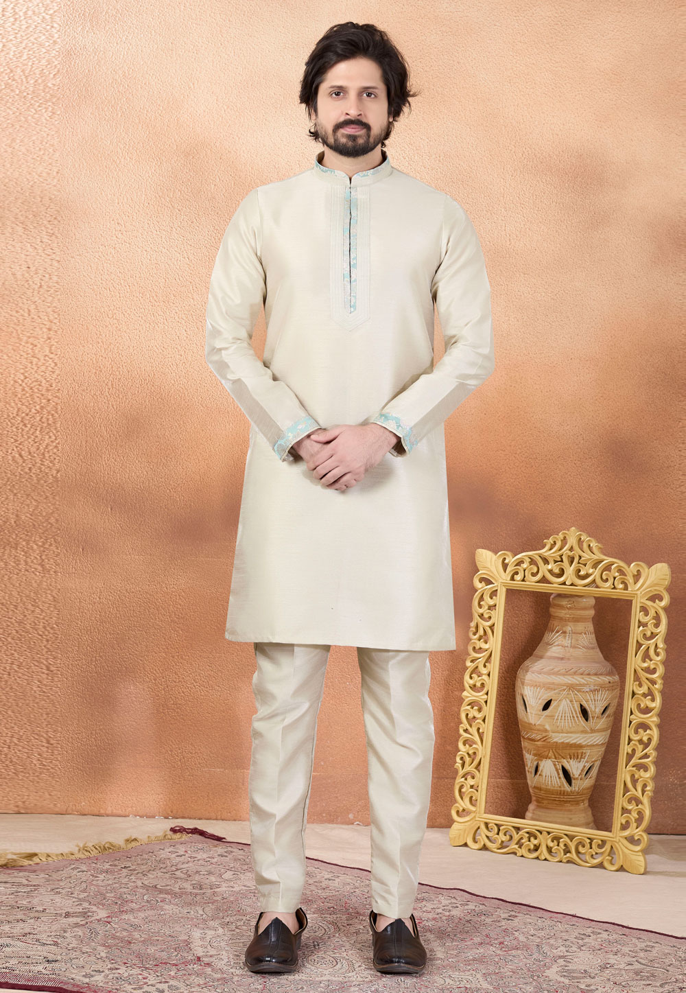Beige Art Silk Kurta Pajama 323391