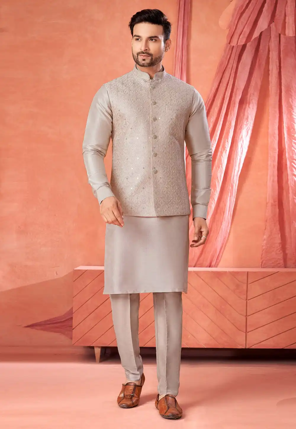 Beige Art Silk Kurta Pajama With Jacket 322303