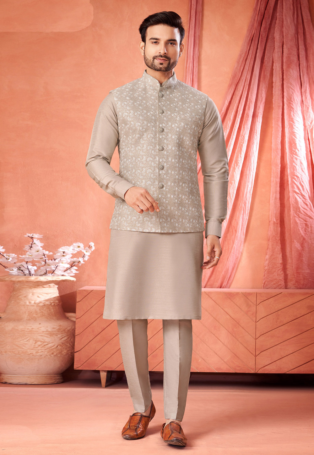 Beige Art Silk Kurta Pajama With Jacket 322316