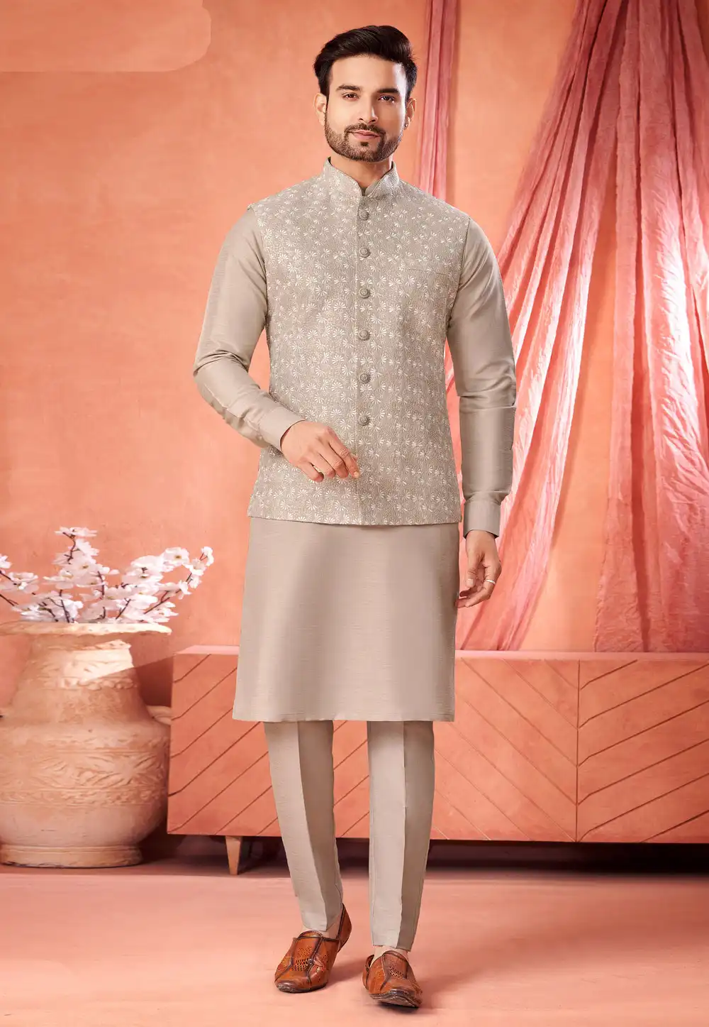 Beige Art Silk Kurta Pajama With Jacket 322316