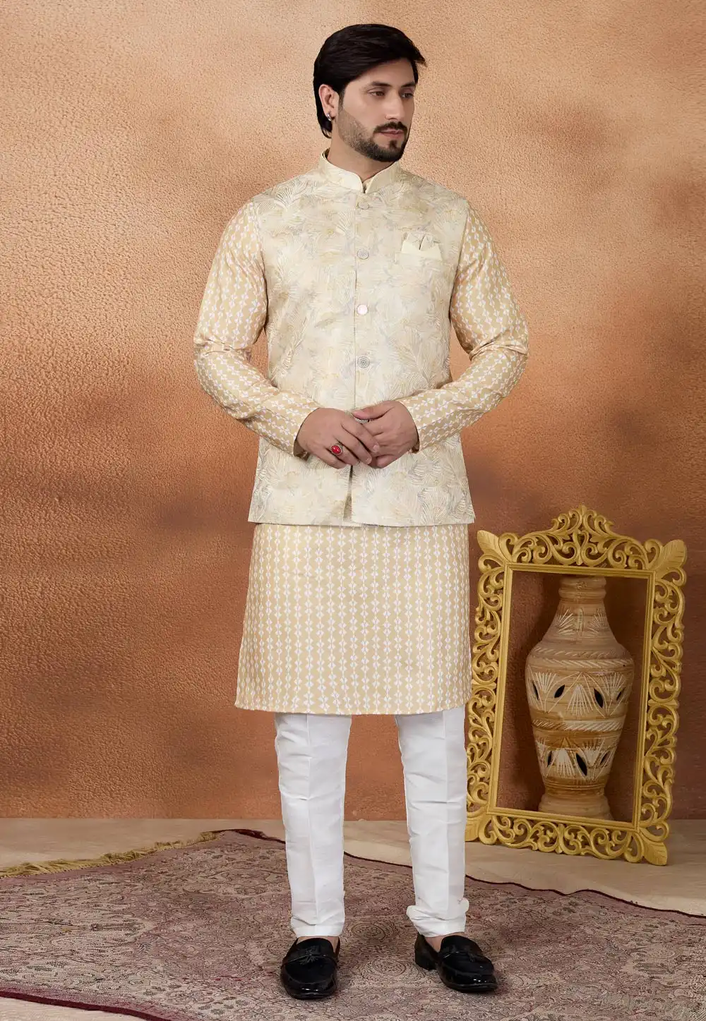 Beige Art Silk Kurta Pajama With Jacket 327068