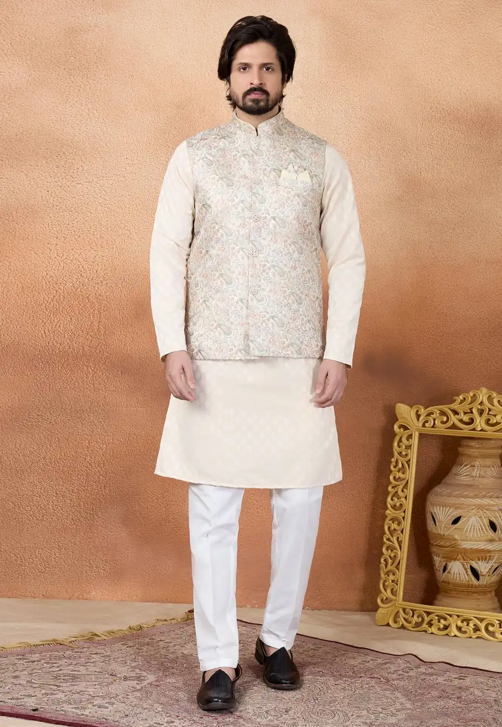 Beige Art Silk Kurta Pajama With Jacket 327071