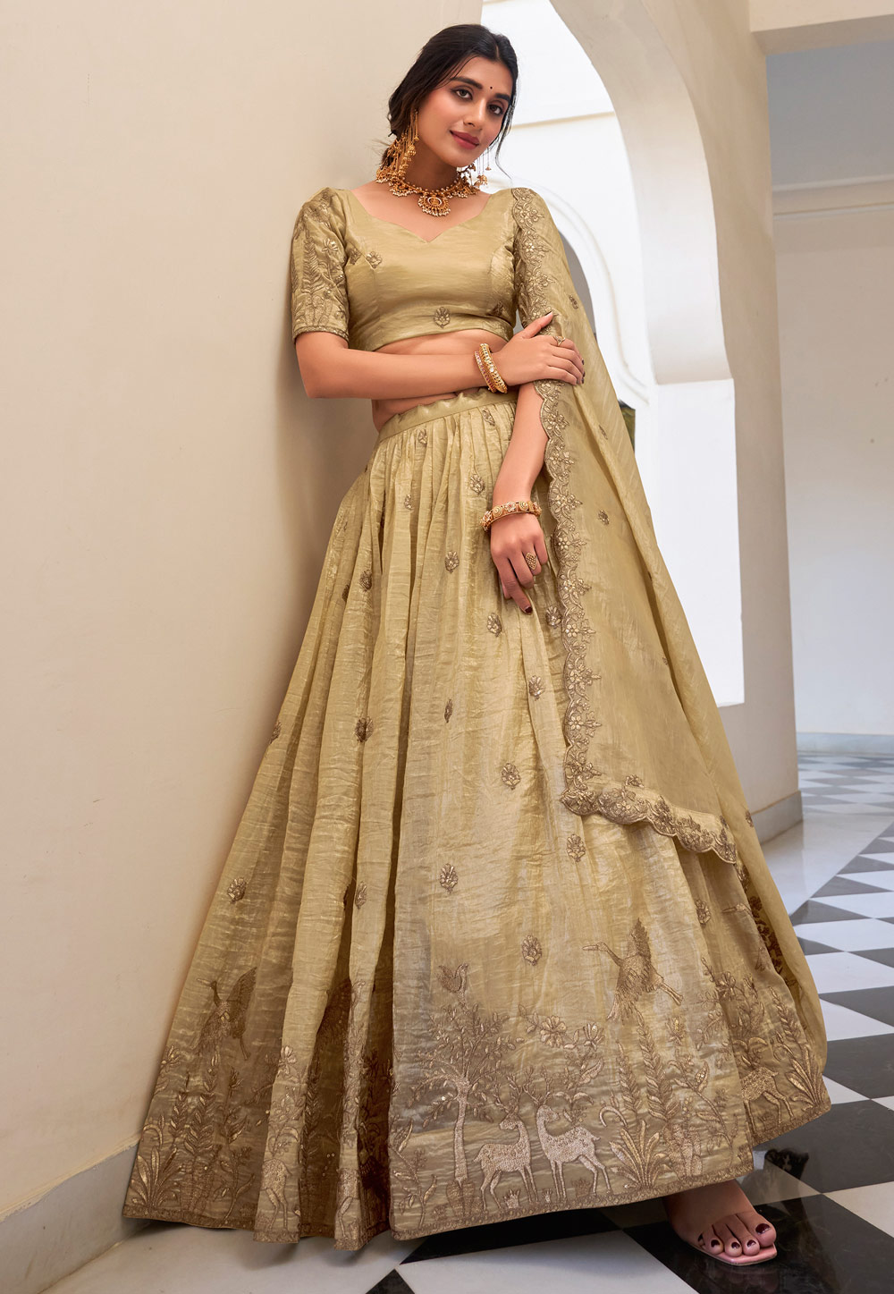Beige Art Silk Lehenga Choli 307516