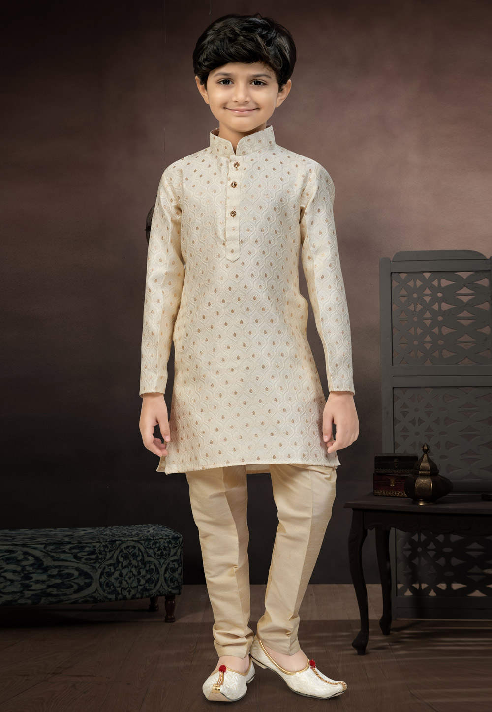 Beige Banarasi Jacquard Kids Kurta Pajama 324284