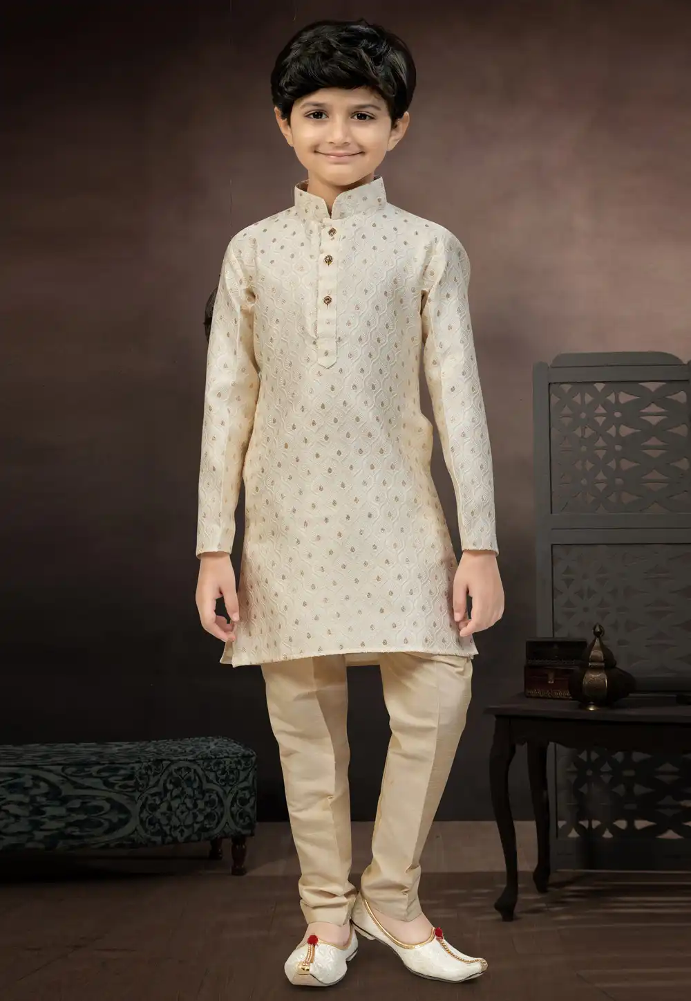 Beige Banarasi Jacquard Kids Kurta Pajama 324284