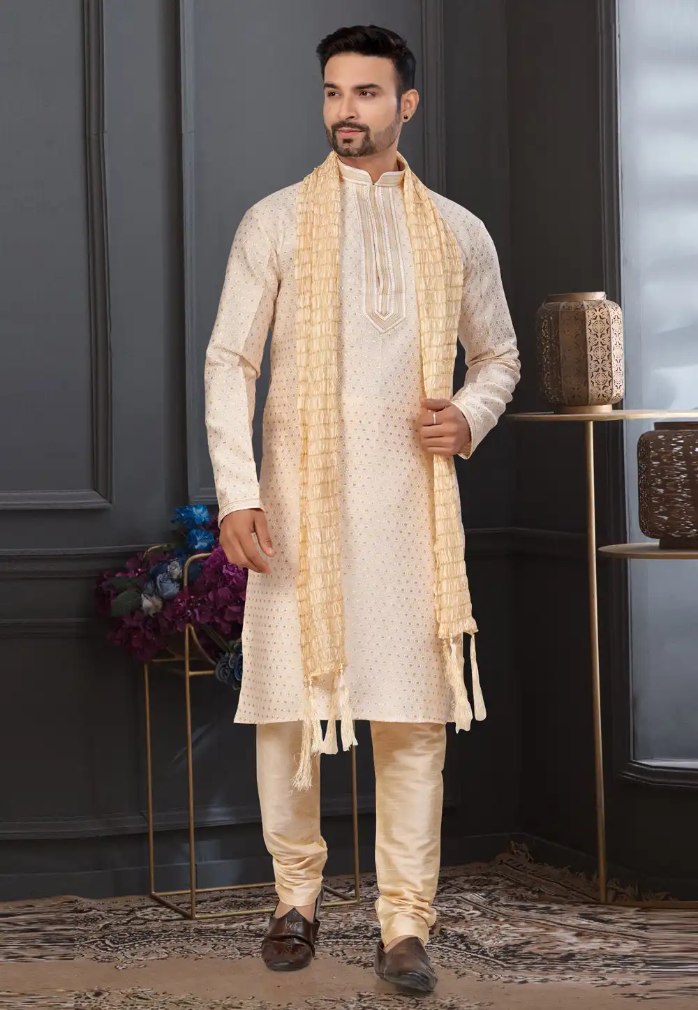 Beige Banarasi Jacquard Kurta Pajama 317862
