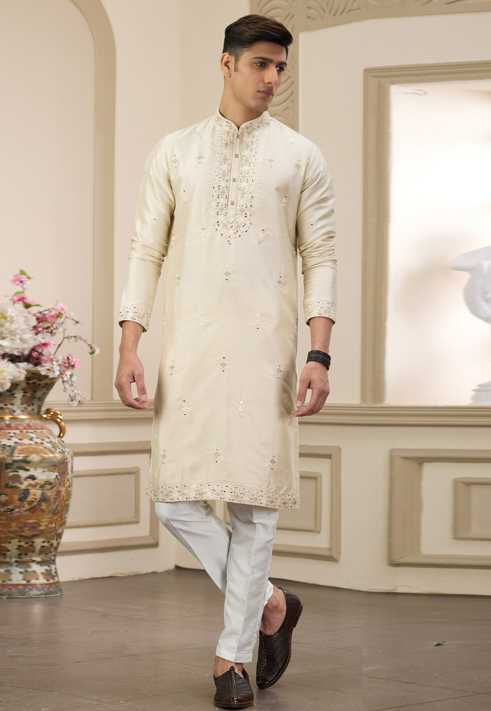 Beige Banarasi Kurta Pajama 308570