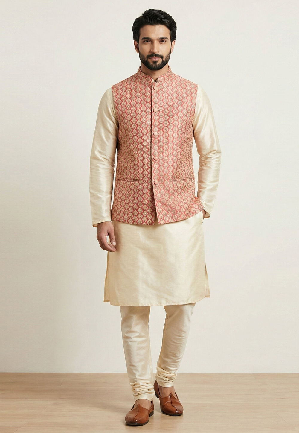 Beige Banarasi Kurta Pajama With Jacket 324297