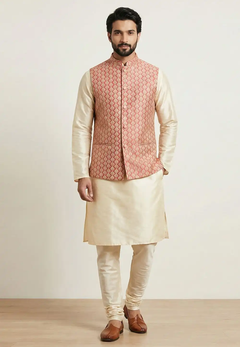 Beige Banarasi Kurta Pajama With Jacket 324297