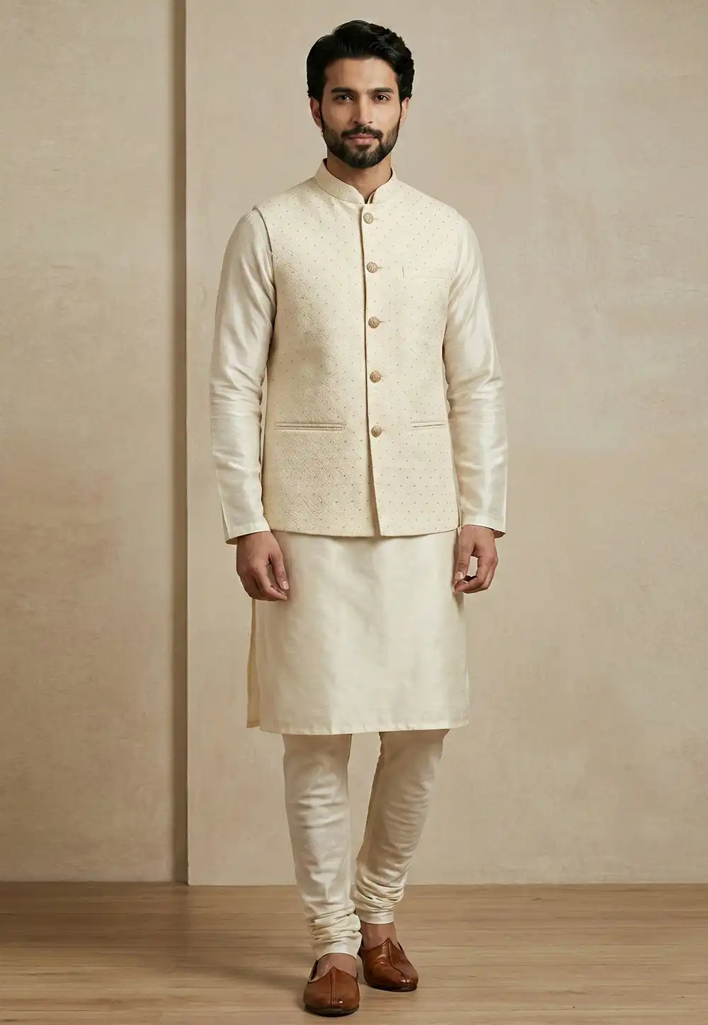 Beige Banarasi Kurta Pajama With Jacket 324298