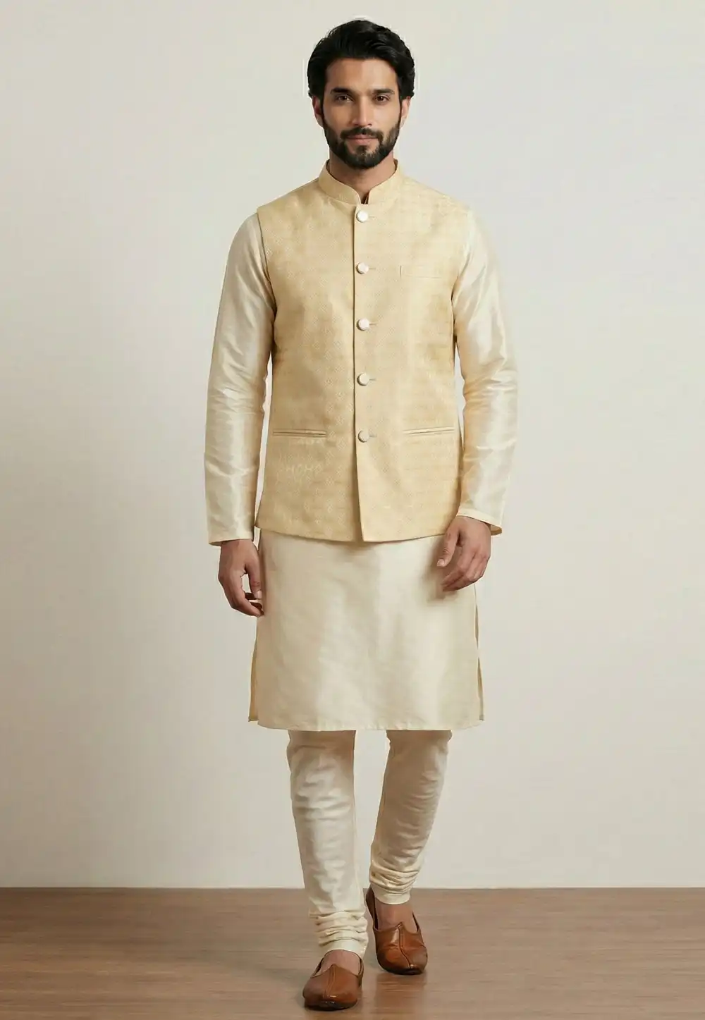 Beige Banarasi Kurta Pajama With Jacket 324300