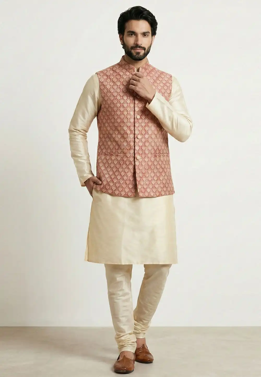 Beige Banarasi Kurta Pajama With Jacket 324301