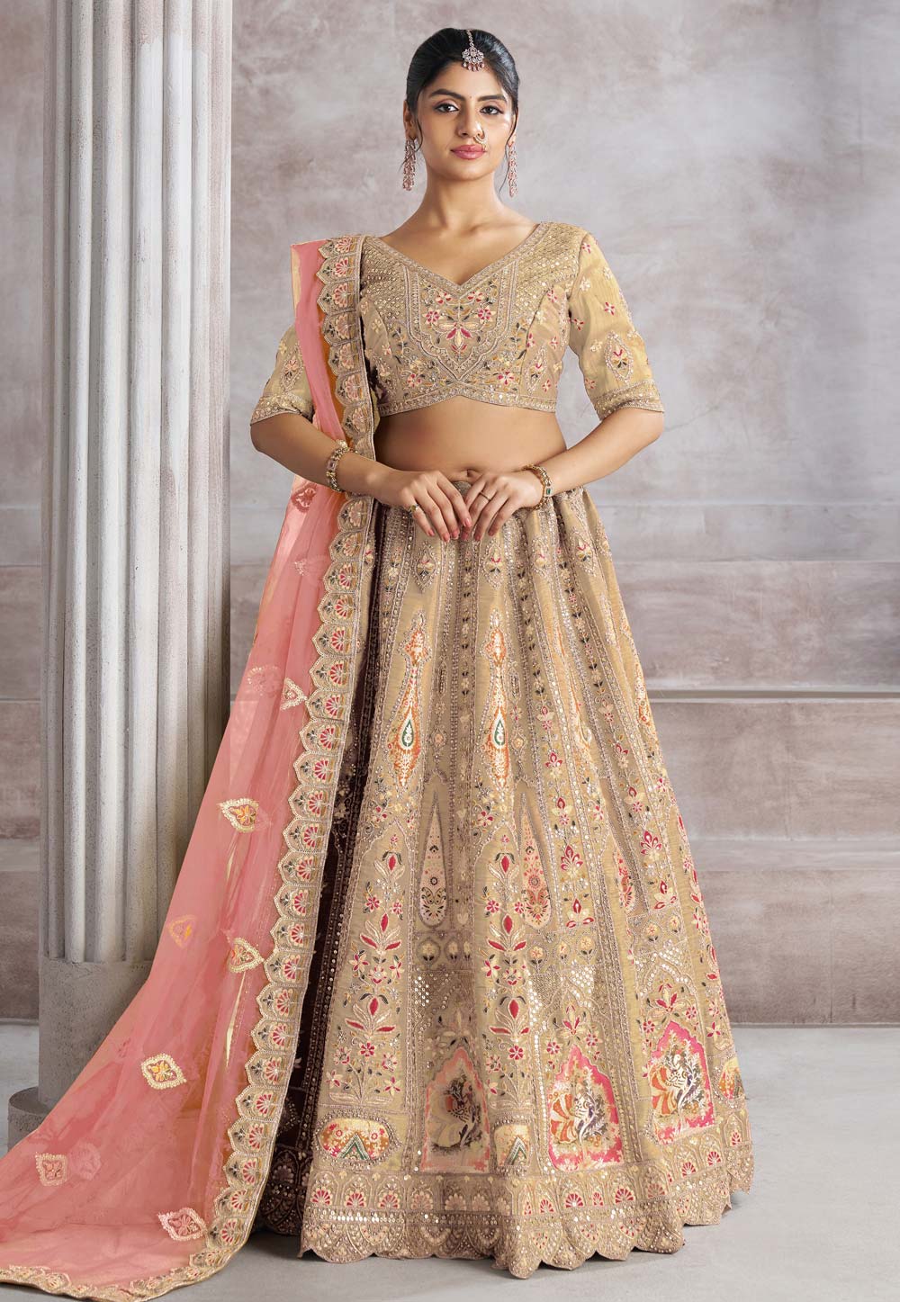 Beige Banarasi Silk Circular Lehenga Choli 309005