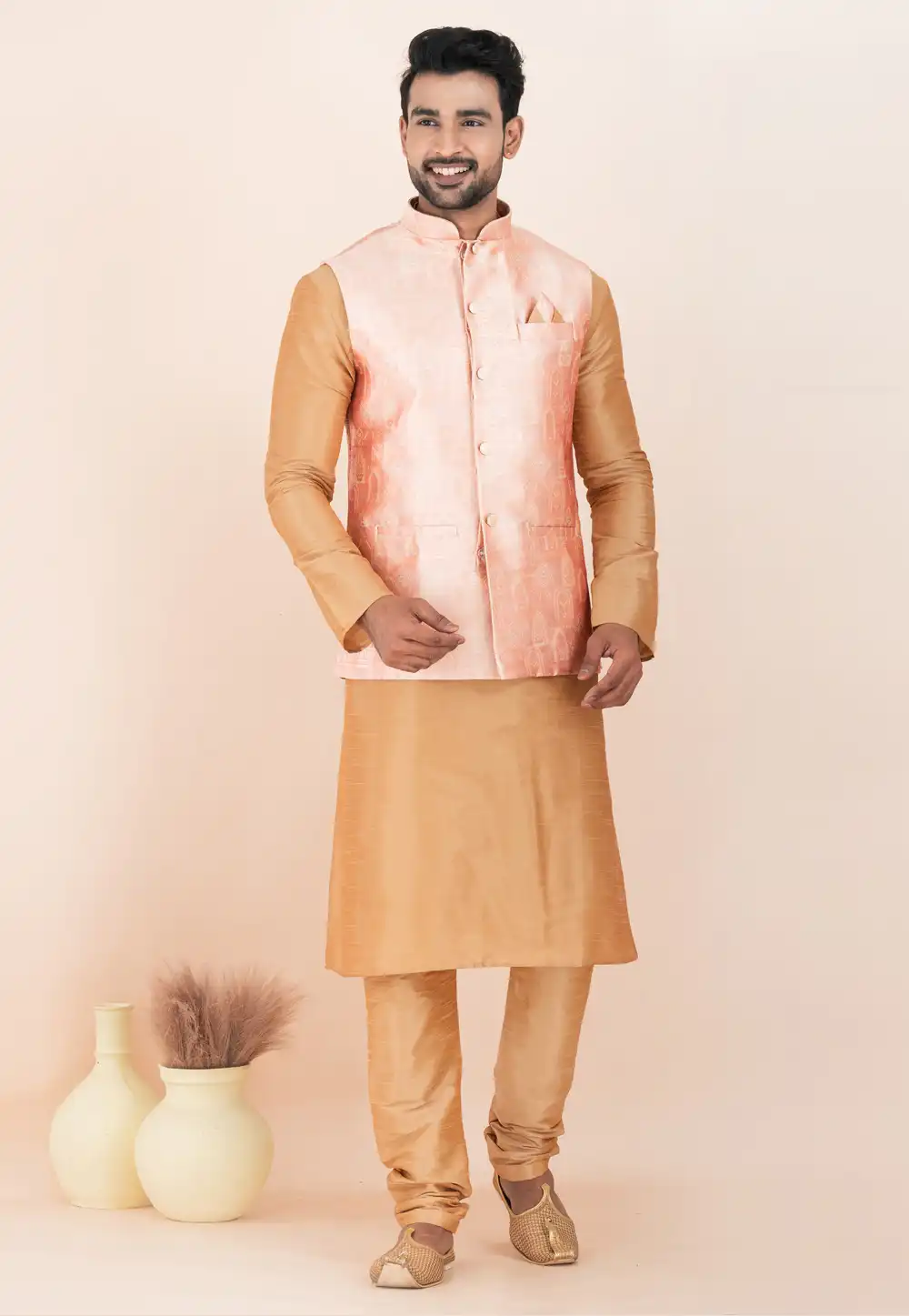 Beige Banarasi Silk Kurta Pajama With Jacket 304839