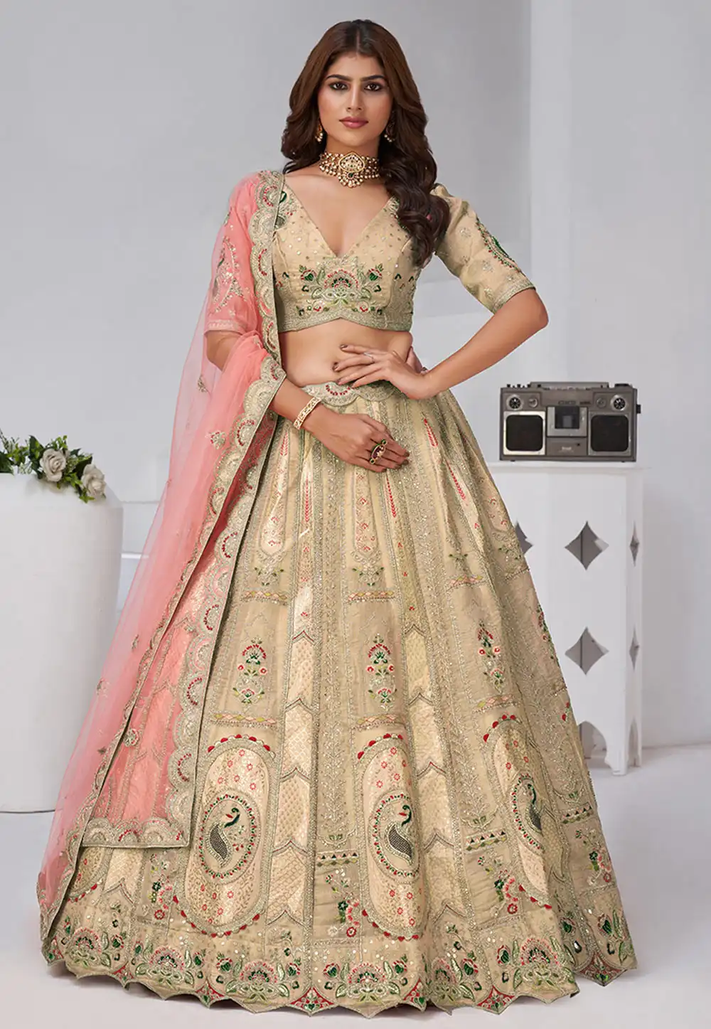 Beige Banarasi Silk Lehenga Choli 318872