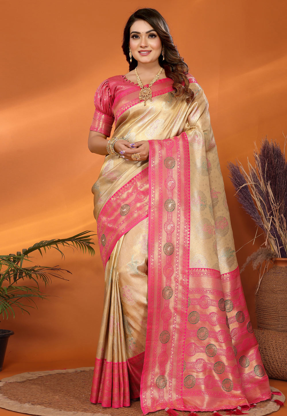 Beige Banarasi Silk Saree With Blouse 306960