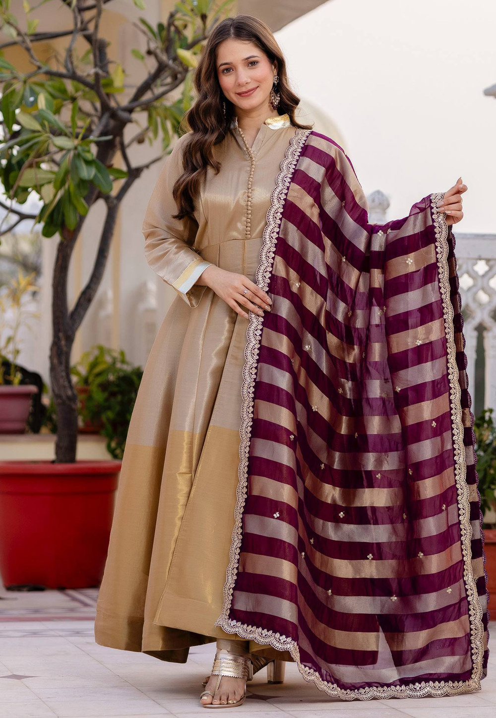 Beige Banarasi Viscose Readymade Long Anarkali Suit 324053