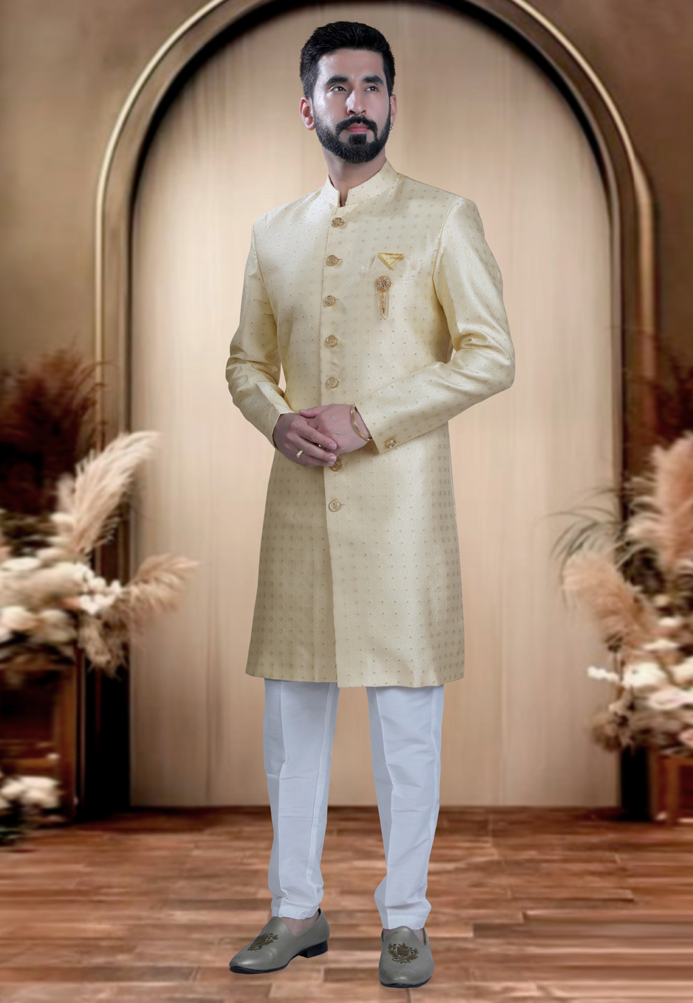 Beige Brocade Achkan Style Sherwani 319687