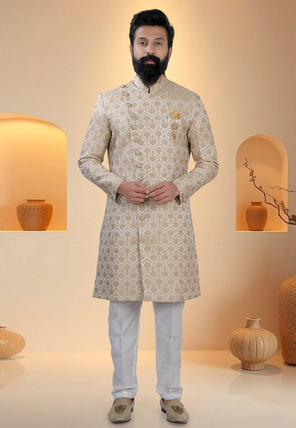 Beige Brocade Indo Western Suit 321295